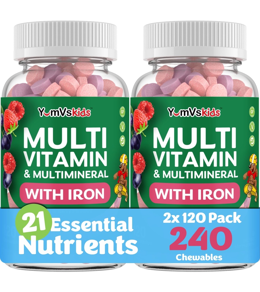 YUM-V'S Kids Multivitamin with Iron - Kids Chewable Multivitamin - Vitaminas + Suplemento de Hierro - Vitaminas Toddler para 2 años Old+, Kosher, Halal, Gluten Free 120 (Pack of 2