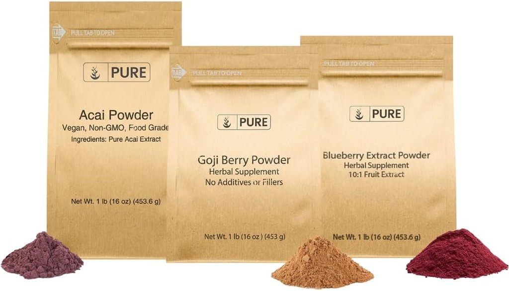 PURE ORIGINAL INGREDIENTES Berry Powder Bundle, (1 lb cada uno) Acai Powder, Goji Berry Powder, Blueberry Powder, Herbal Supplements