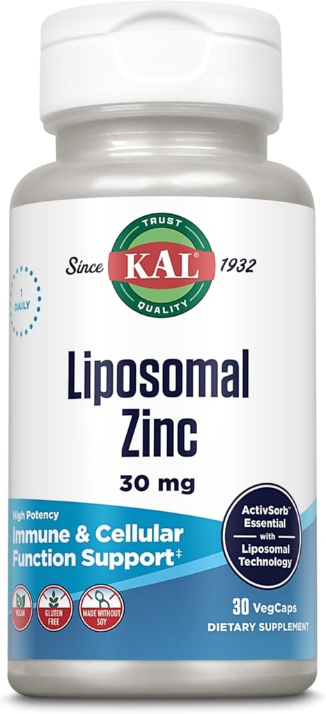 KAL Liposomal Zinc 30mg, Función Celular y Apoyo Inmunitario Suplemento, Ausorción Mejorada Zinc Suplementos, Vegan, Gluten Gratis, Soy Gratis, 30 Servimientos, 30 VegCaps