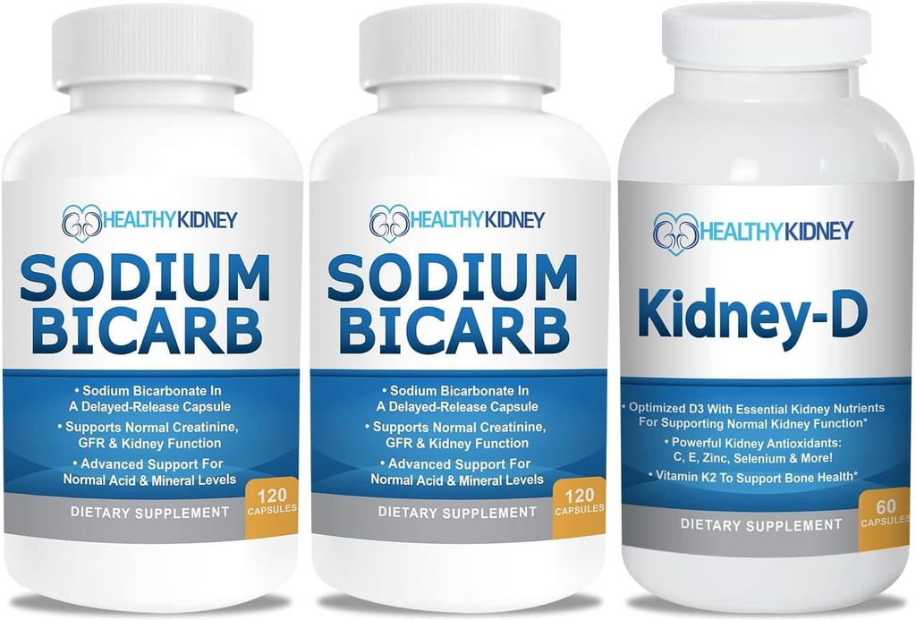 Bicarbonato de sodio 650 mg cápsulas para el alivio de ácido, Alkalinity 120 pastillas 2-Pack + Kidney-D Suplemento. Vitamina D Optimizada para el Apoyo al Riñón.