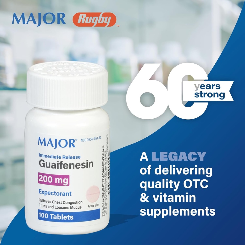Mayor liberación inmediata Guaifenesin - Relieves Chest Congestion, Thins and Loosens Mucus - 200 mg - 100 Tablets