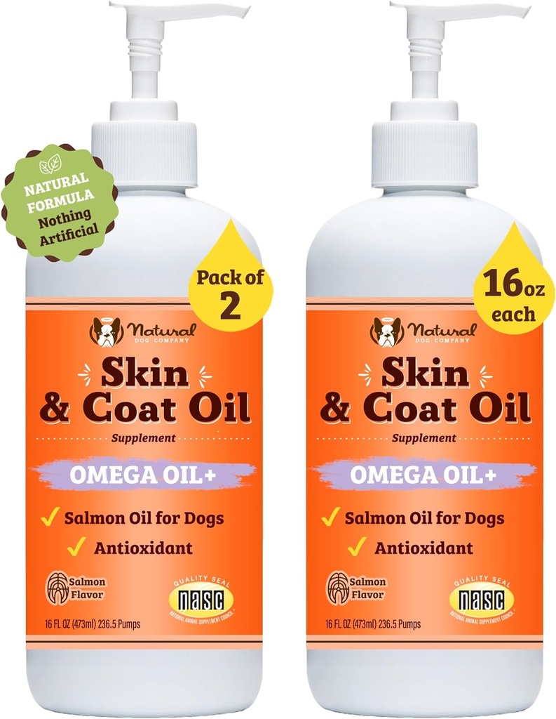 Natural Dog Company 2 Pack - 16 oz. Skin and Coat Oil, Supports Skin Health, Fish Oil Supplements for Dogs, Fatty Acids, Antioxidant, for Multi Dog Families, Large Breed Dogs, 32 oz. Valor