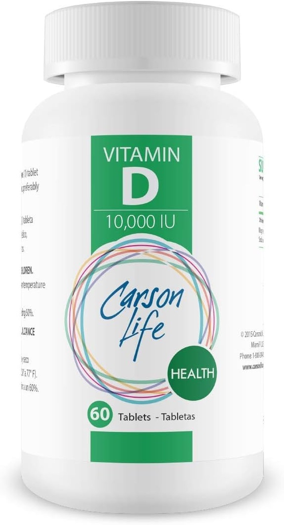 CARSON VIDA Vitamina D 10.000 UI Tablas - Excelente suplemento para la deficiencia de vitamina D - Ayuda a fortalecer los huesos, dientes y sistema inmunitario - 60 tabletas - Hecho en los EE.UU.