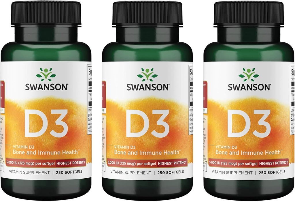 Swanson Vitamina D3 - Suplemento de vitaminas Promoción de la salud ósea & Apoyo al sistema inmunológico - Apoyo natural para la distribución de calcio " Absorción - (250 Softgels) 3 Pack