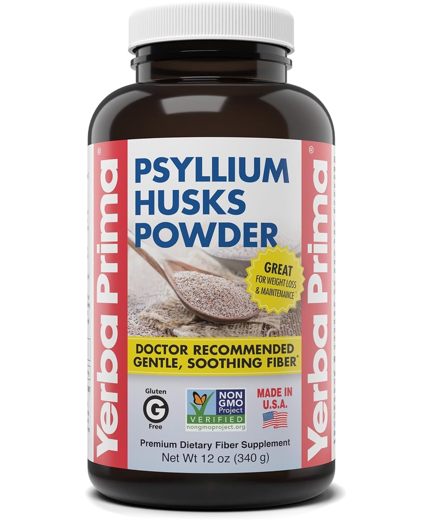 Yerba Prima Psyllium Husks Fiber Powder, 12 onzas - Natural Fiber Supplement - Colon Cleanse - Gut Health - Vegan, Non-GMO, Gluten Free