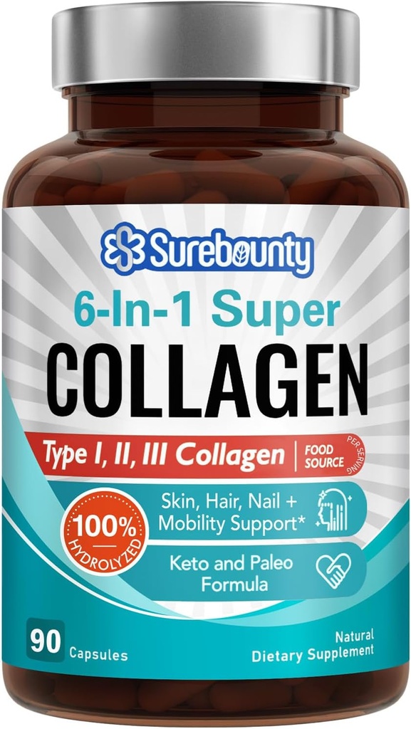 Complejo Multi Collagen, Tipo I, II, III, 6-en-1 Super Collagen con vitamina C, Ácido Hialurónico, Biotina, Turmérica, Pepper Negro, Keto, 90 cápsulas