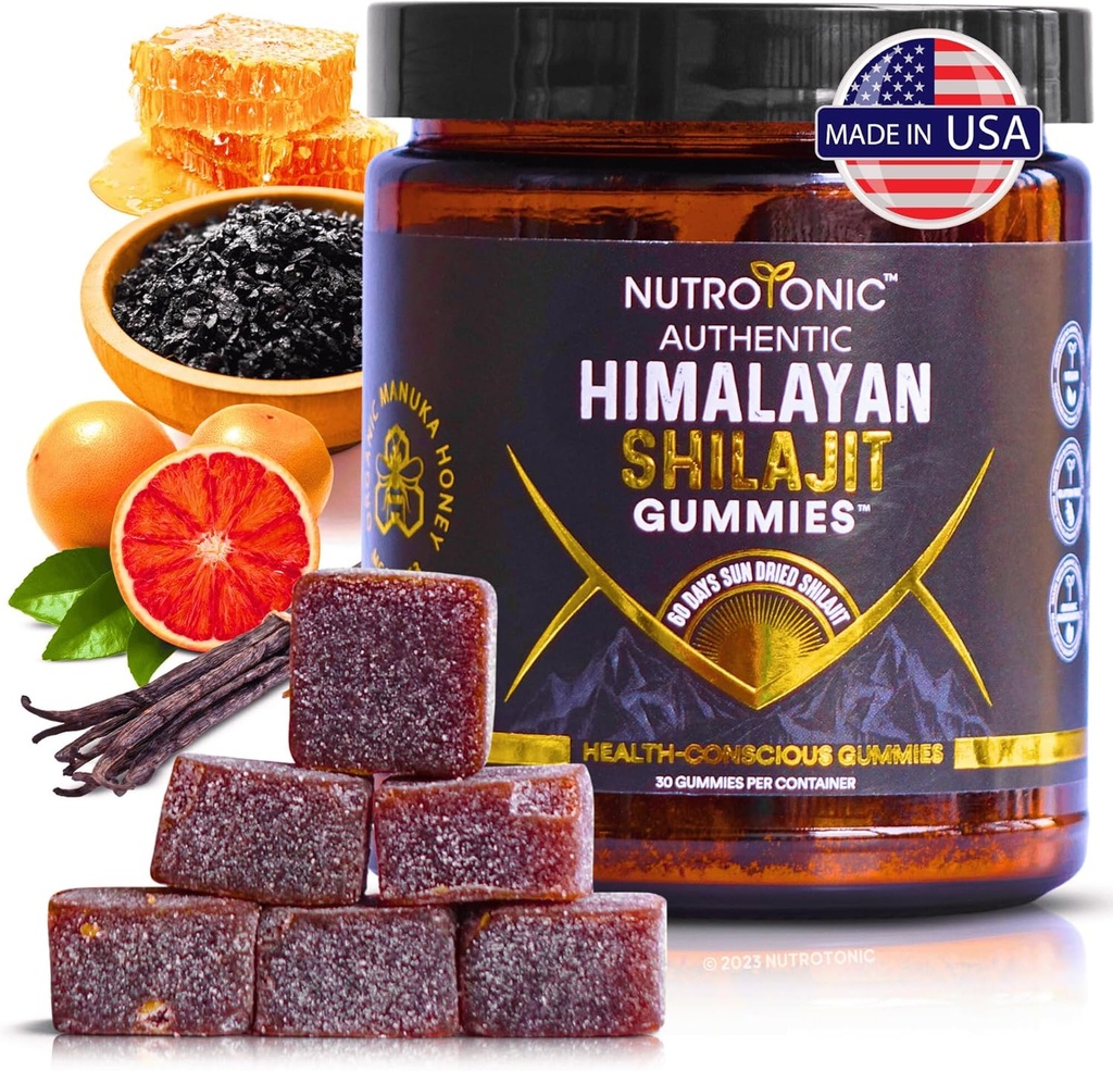 Organic SHILAJIT Gummies by NutroTonic TEN Cane Sugar Free, Sweetened by Organic Manuka Honey ← Fulvic natural " Humic Acid " Heart " Brain, Cellular Health TEN 30 Healthy Gummies sanos (1)