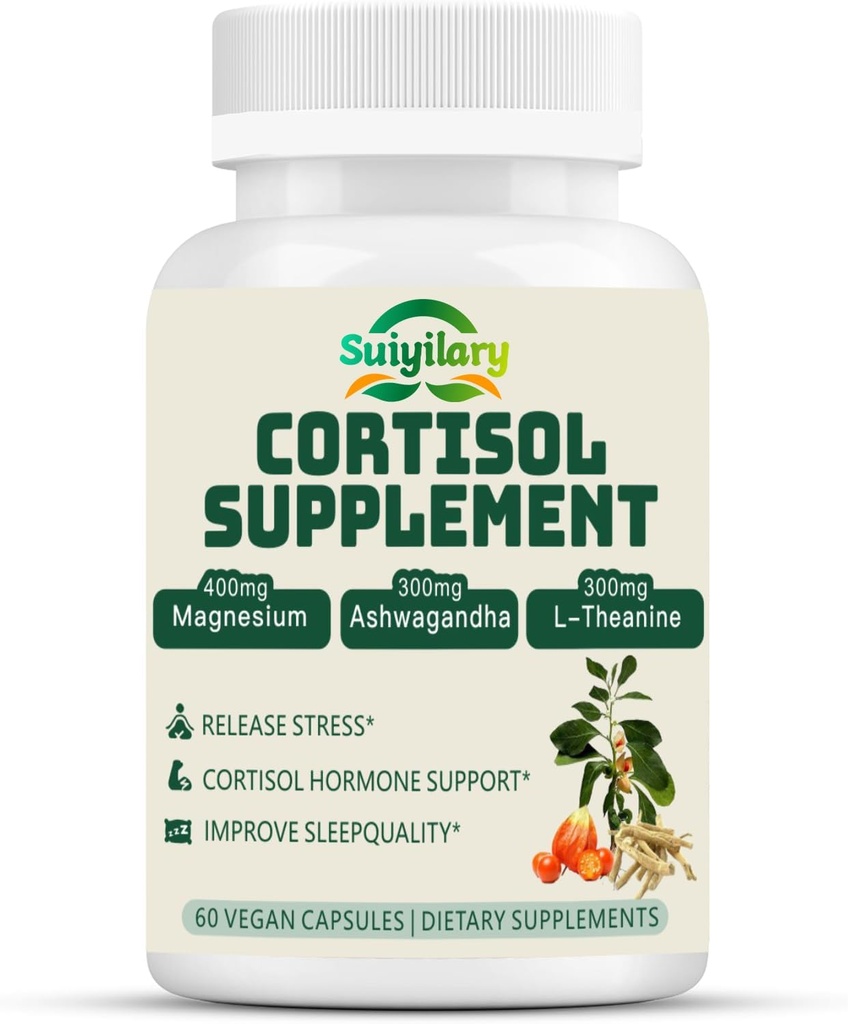 Suplemento de cortisol para hombres, equilibrio hormonal, magnesio, Ashwagandha, Rhodiola, L-Theanine, vitamina B6 & B12, Mood, Focus, Sleep Support, Vegan 60 cápsulas