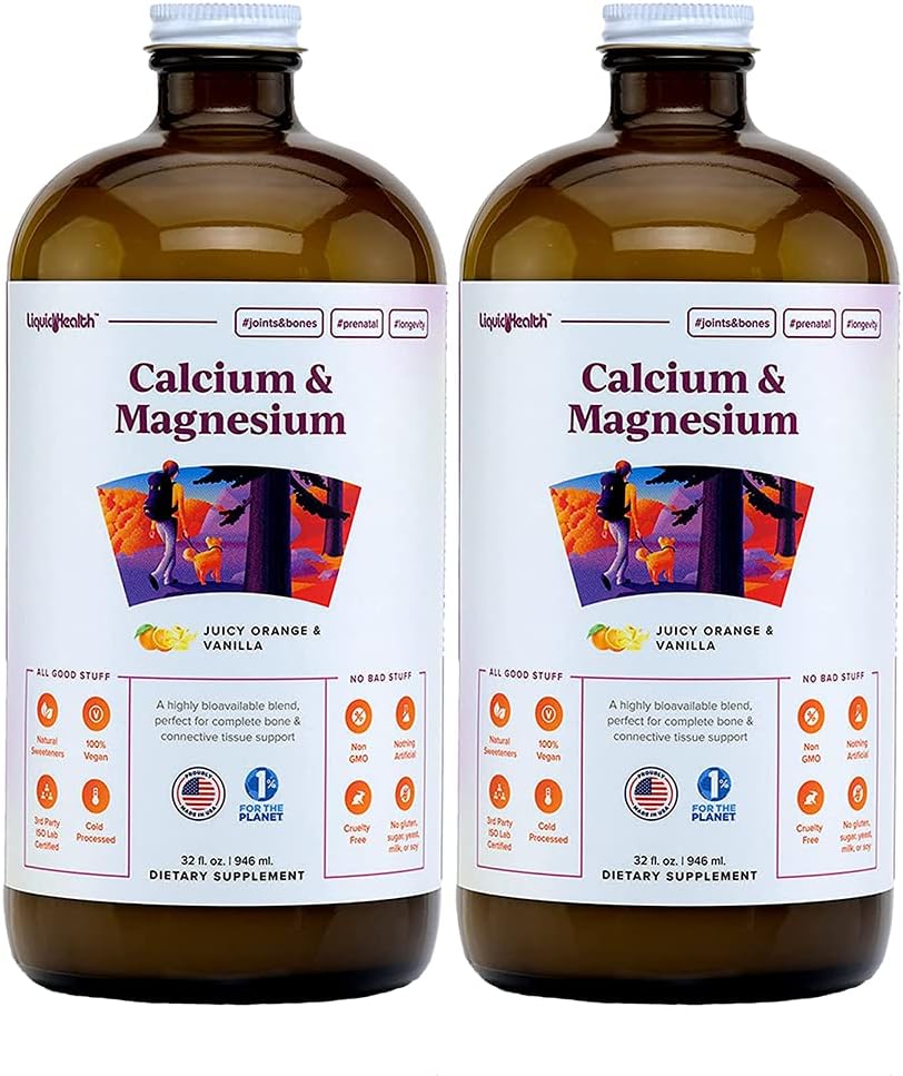 LIQUIDHEALTH Calcio & Magnesio Adulto Vitamina Líquida Suplemento - Hueso, Conjunto, Musculo, Soporte de tejido conectivo, Salud cardíaca, Nutrientes esenciales - Hecho en EE.UU., Vegan, No GMO, No Sugar (2 Pack)