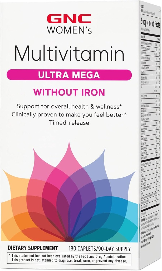 Multivitamina Ultra Mega sin Hierro, Suplemento diario de vitaminas, soporta inmuno, cerebro, cabello, piel & uñas, 180 caplets