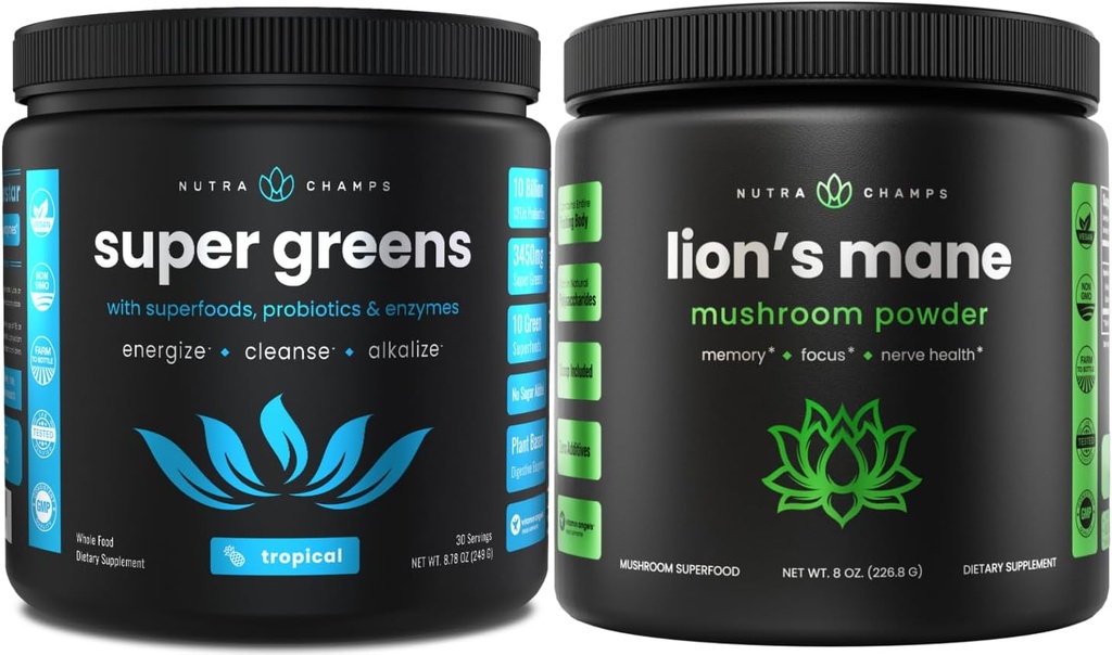 NutraChamps Super Greens Powder de Mane Tropical y León. Greens " Adaptogen Powder Blends