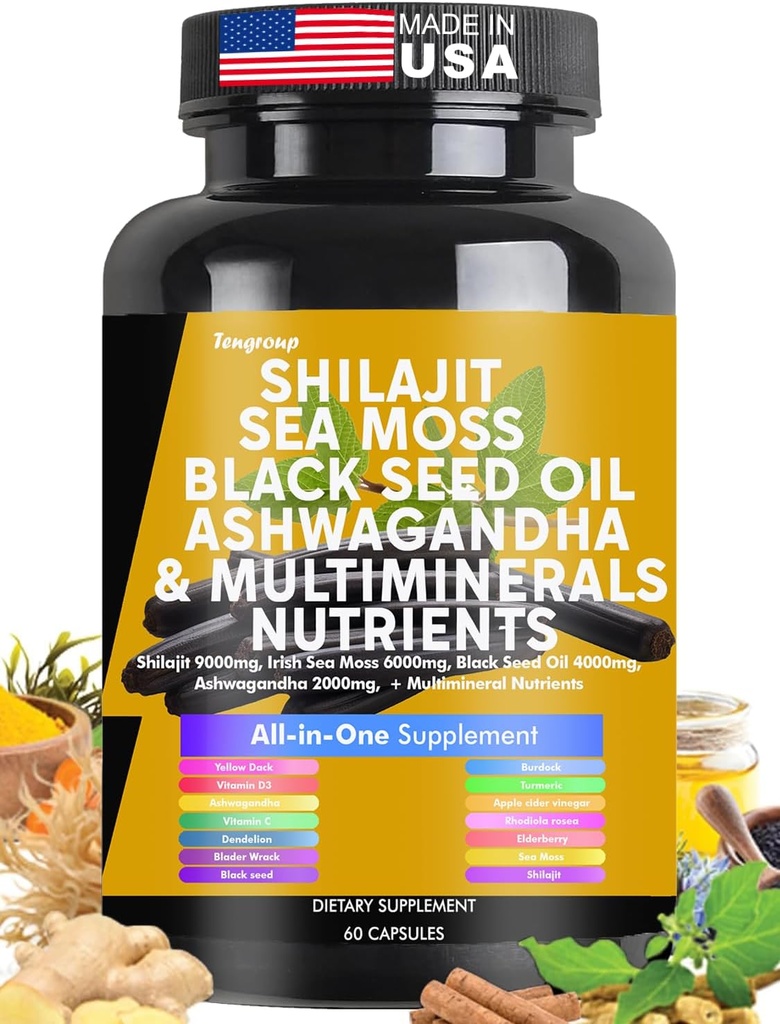 Shilajit Sea Moss Black Seed Oil Ashwagandha Burdock Vitamina C & D3 con elderberry rhodiola rosea Dandelion Yellow Dock Turmeric ACV
