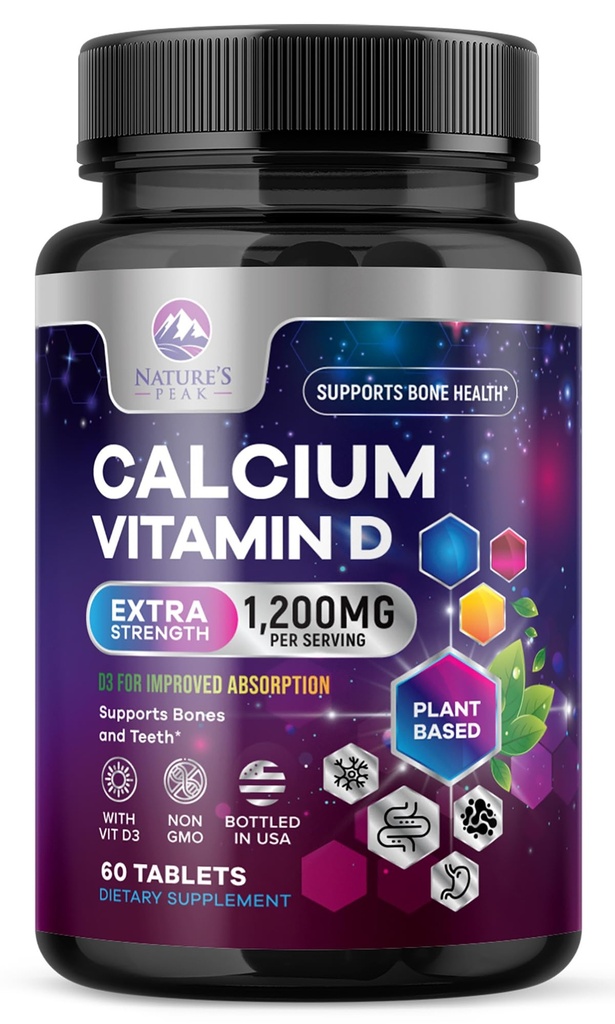 Calcio 1200 mg con Vitamina D3, Suplemento de Calcio Vitaminas, Hueso, Dientes &amp; Apoyo Sanitario Inmunitario, Suplementos de Calcio con D para Hombres, Carbonato de Calcio Absorbable de la Naturaleza - 60 Tabletas