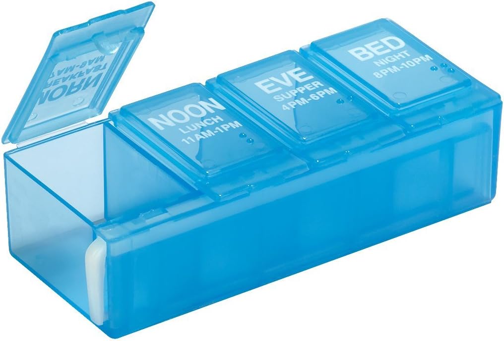 EZY DOSE Daily Pill Planner, Case de Medicina, Caja de Organizador de Vitaminas, Cerrando Compartimientos para la Medicación de Prescripción Aseguida y Espiración Accidental, 4 Tiempos por día, Color May Vary, BPA Gratis
