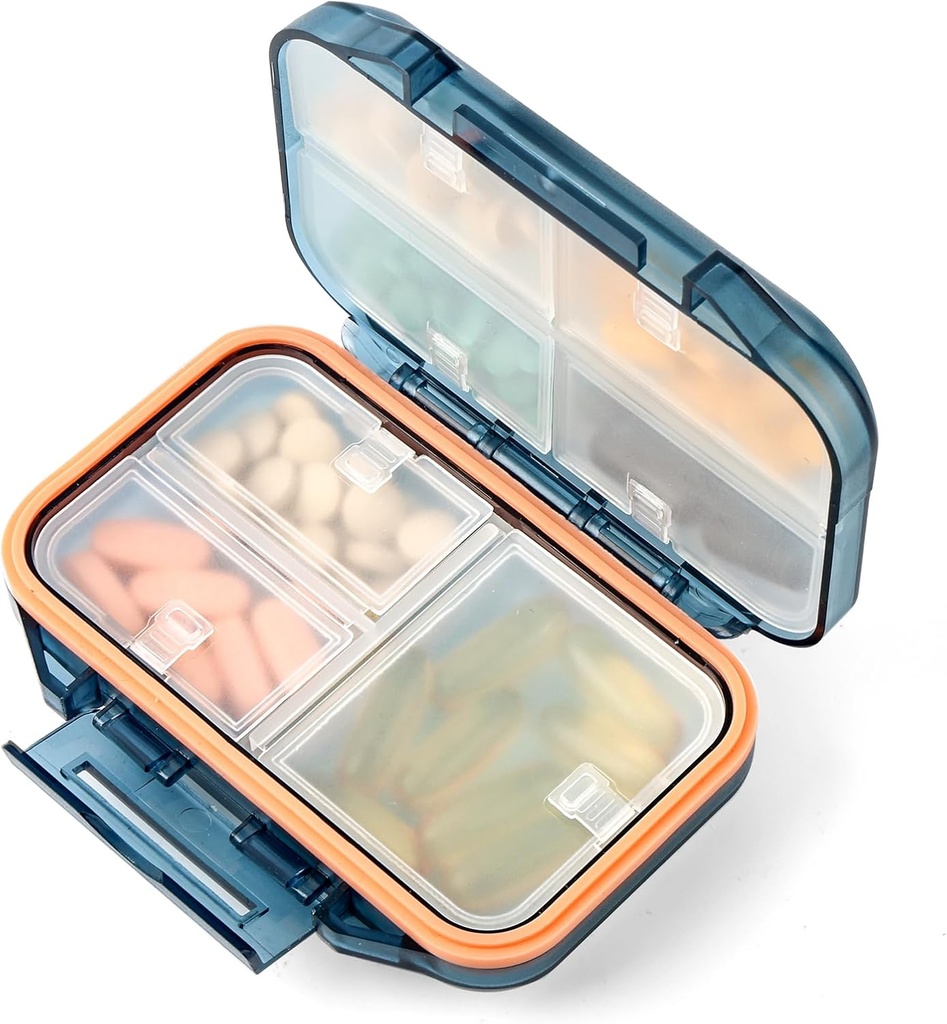 Pill Organizer Caja de Pilla de viaje impermeable Medicamento Case Container Supplement and Vitamin Holder Pocket Pharmacy Portable Pill Storage with 7 Compartments for Purse (Blue)