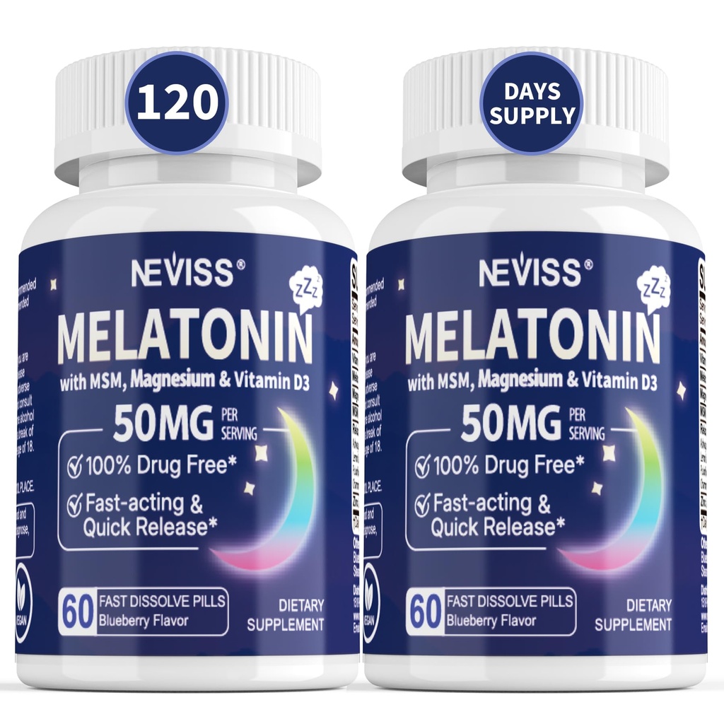 Melatonina NEVISS 50 mg para adultos - Extra fuerza 9 en-1 Dissolve rápido sublingual - alta dosis con glinato de magnesio, vitamina D3, Ashwagandha, limón, manzanilla, azúcar libre, vegan 120 tabletas