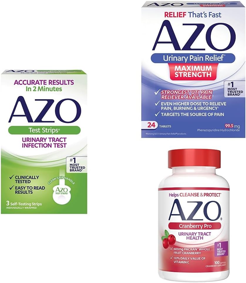 [BRSROGQBPIIWMETA] AZO UTI Pain Relief Bundle – AZO UTI Test Strips 3ct, AZO Urinary Pain Relief Max Strength 24ct, AZO Cranberry Pro Suplemento 100ct