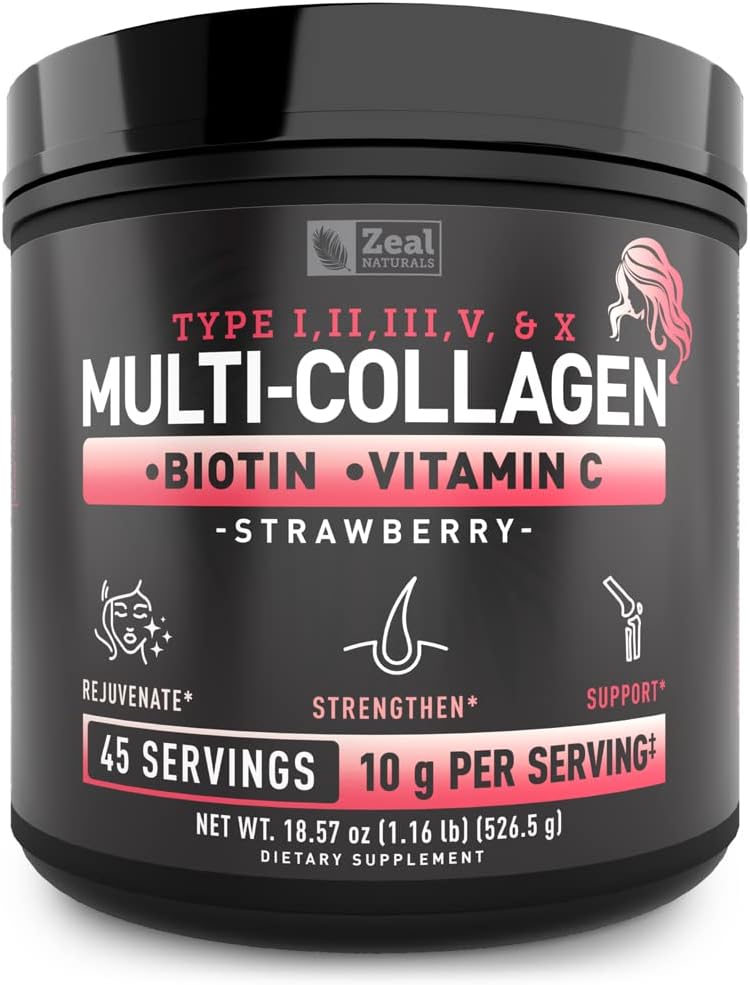 Péptidos Multi Collagen Premium Pólvora Proteína (1, 2, 3, 5 & 10) con Vitamina C, Biotina, Ácido Hialurónico, para la piel del cabello y uñas - Marine, Bovine, Pollo & Eggshell (Strawberry, 45 Servings)