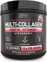 Péptidos Multi Collagen Premium Pólvora Proteína (1, 2, 3, 5 & 10) con Vitamina C, Biotina, Ácido Hialurónico, para la piel del cabello y uñas - Marine, Bovine, Pollo & Eggshell (Strawberry, 45 Servings)