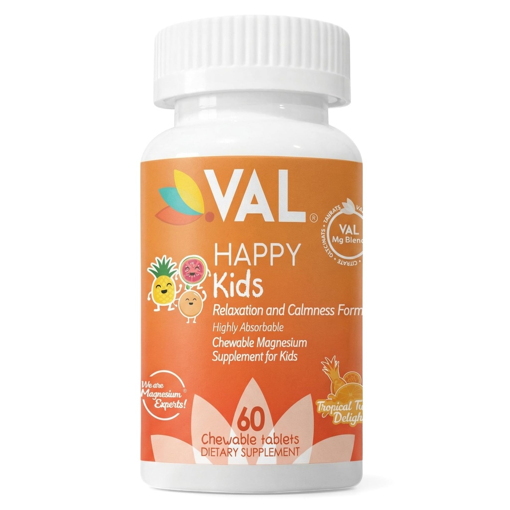 Magnesio de VAL para niños TENIDO Magnesio de alta absorción para calma, relajación " Enfórmese en Mg Glycinate, Citrate " Taurate TENIDO con Vitamina B6, D " C TENIDO Sin azúcar, sin azúcar TENIDO 60 Tabletas Chewable