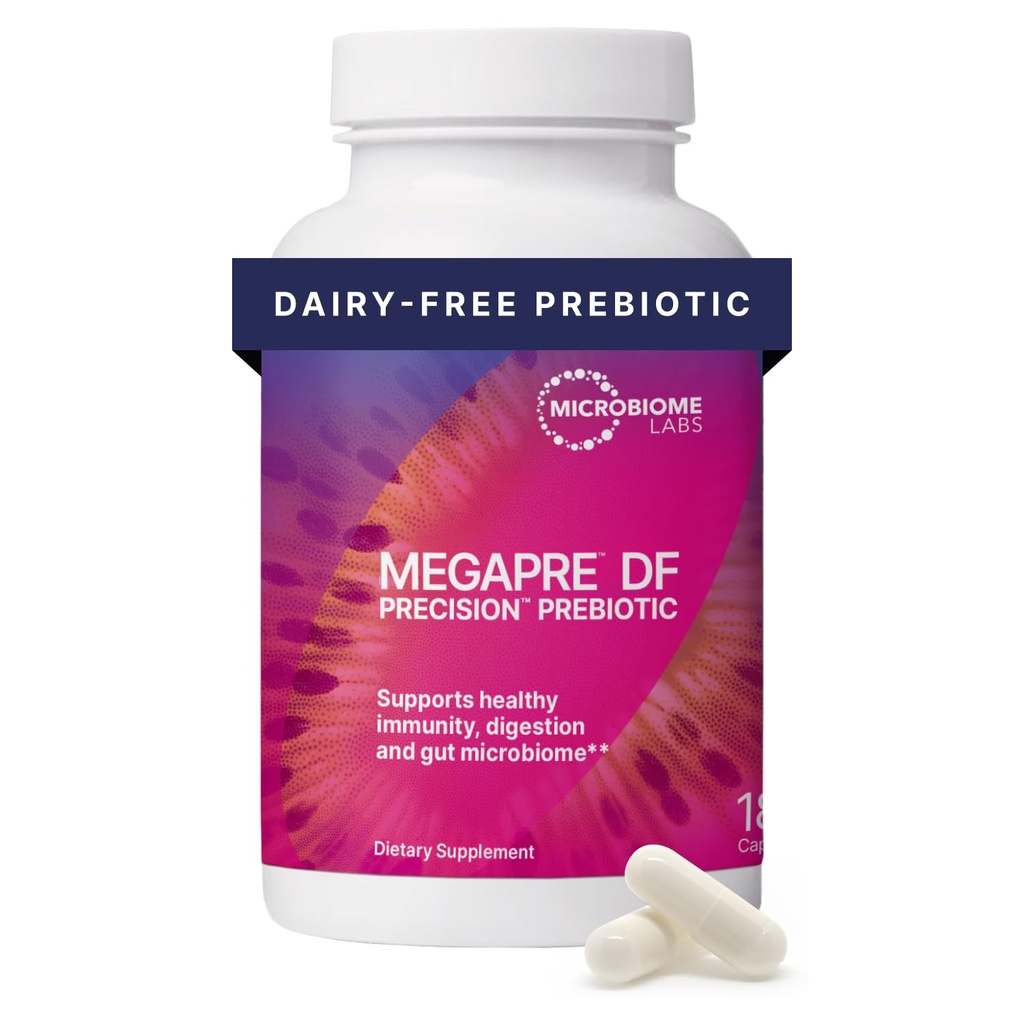Microbiome Labs MegaPre DF - Suplemento de fibra prebiótica sin lácteos - Prebióticos de Gut Health para Mujeres, Hombres y Niños 3+ - Soporte Diversidad microbiana (180 cápsulas)