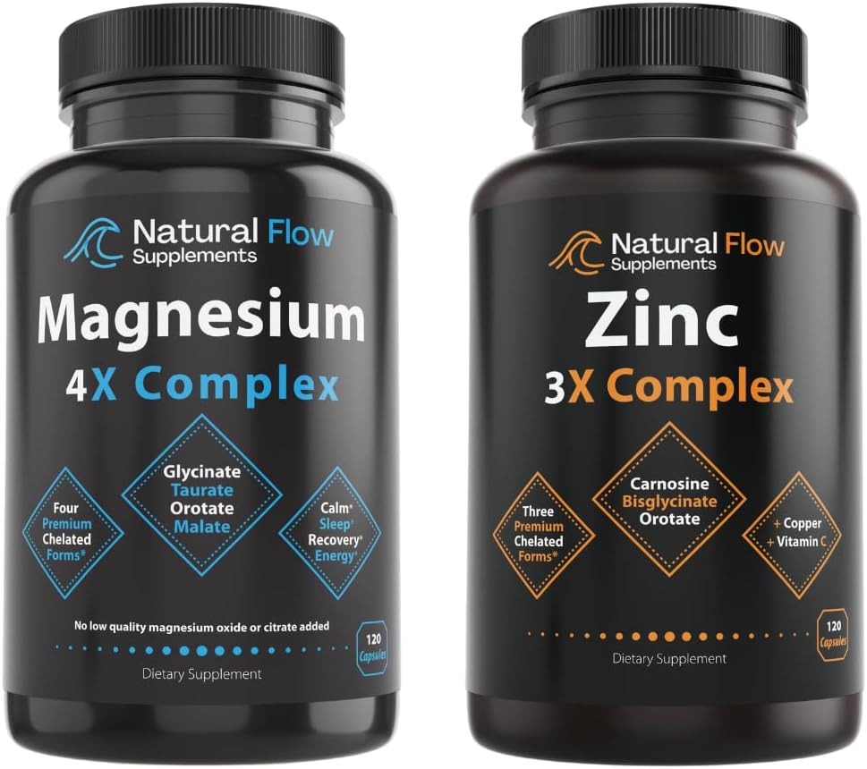 Complejo de Magnesio 4X Natural Flow y Complejo de Suplemento de 3X Zinc con Cobre y Vitamina C, Suplementos de alta absorción Chelated, 120 cápsulas cada uno
