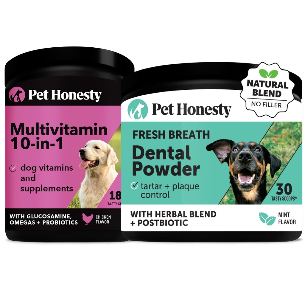 Dog Multivitamin + Dental Powder Virtual Bundle for Teeth Cleaning & Plaque Removal, 10 in 1 Vitamins for Health, Heart, and Immune Support