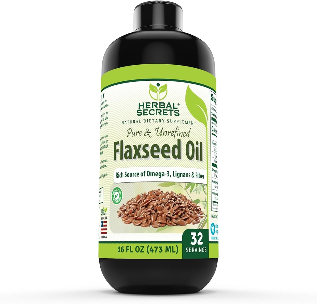 Herbal Secrets Orgánica Flaxseed Oil Suplemento Silencio 16 Fl. Oz. (473 ml) Silencio No-OMM habit Made in USA
