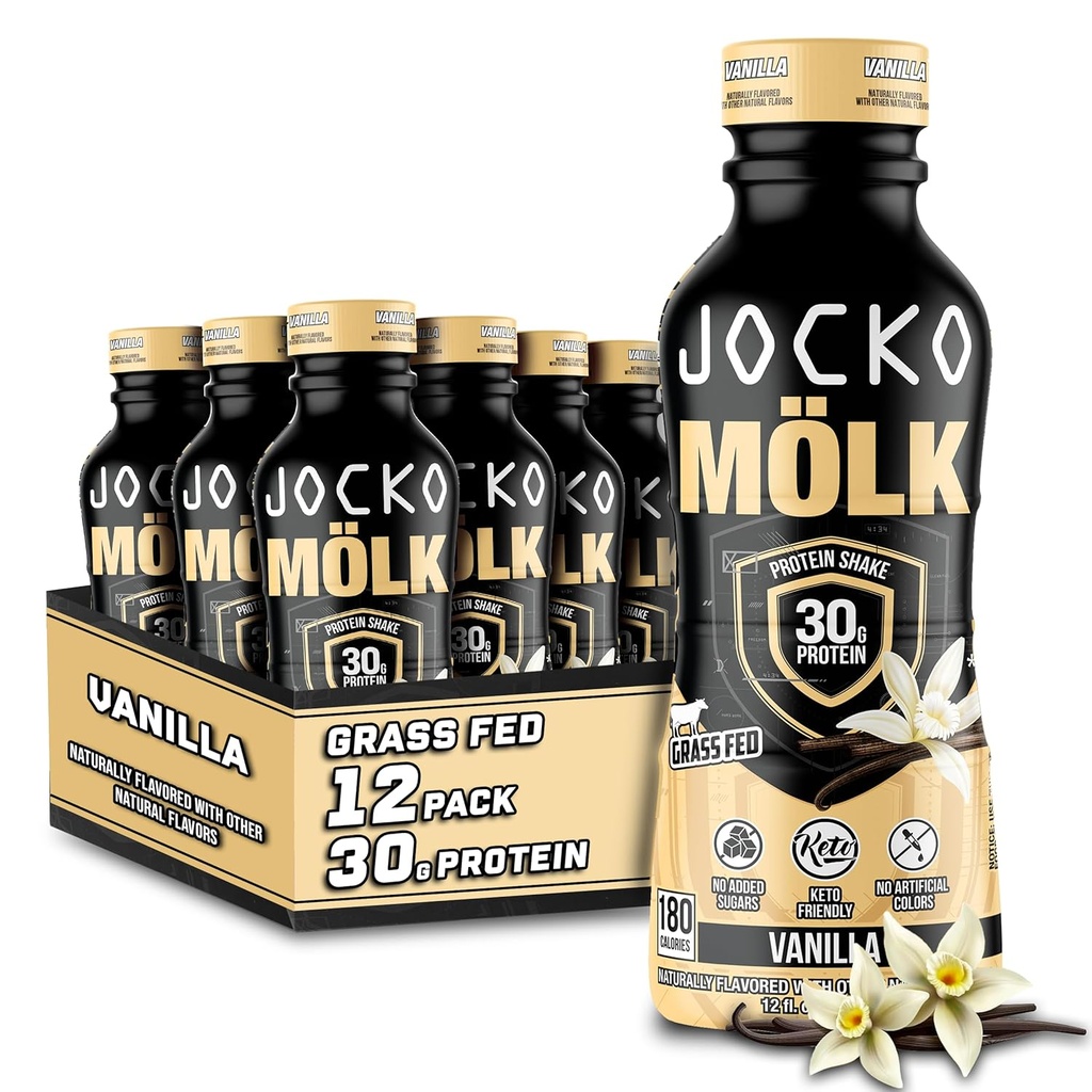 Jocko Mölk 30g Grass Fed Protein Shakes – No Añadido Sugar Protein Drinks KETO Friendly - Listo para beber 12 FL Oz (Pack of 12) Vanilla