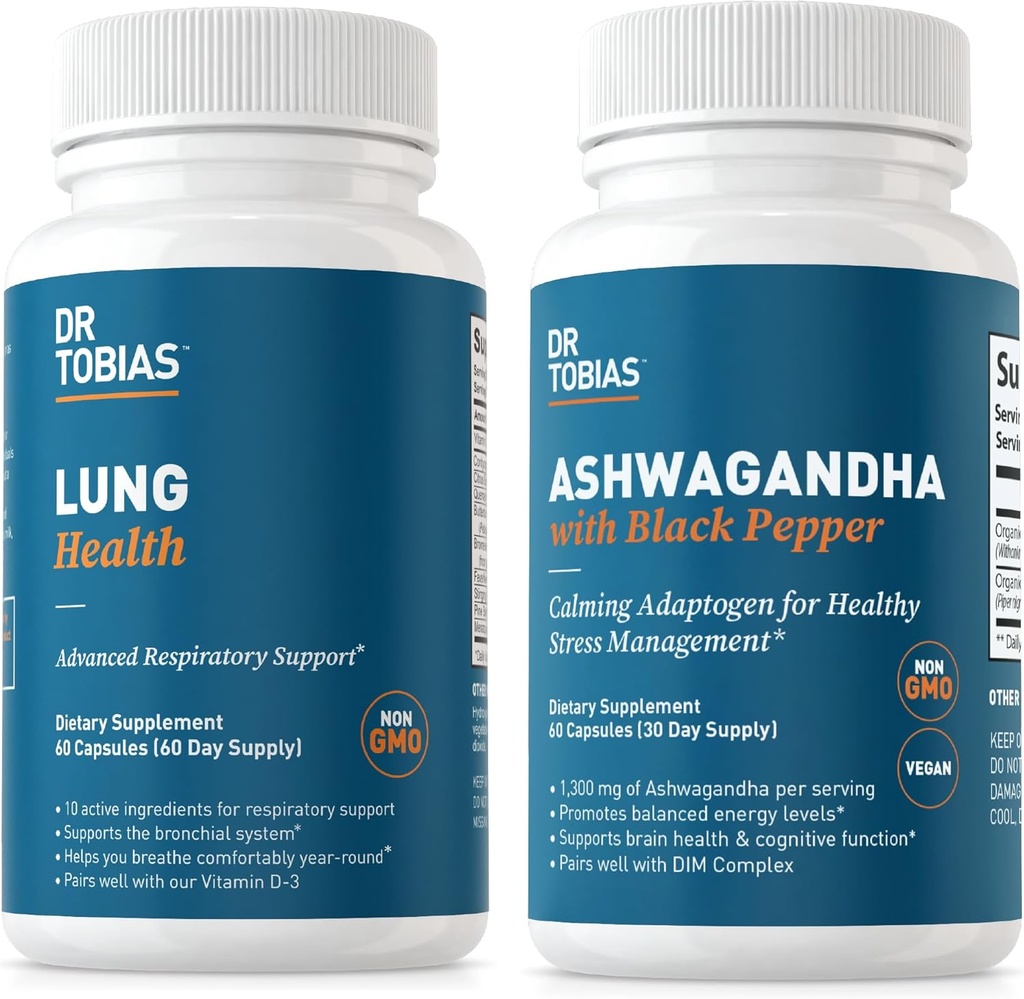 Dr. Tobias Lung Health and Ashwagandha Capsules - Lung Cleanse " Detox for Bronchial " Respiratory System with Calming Adaptogen Formula, Non-GMO