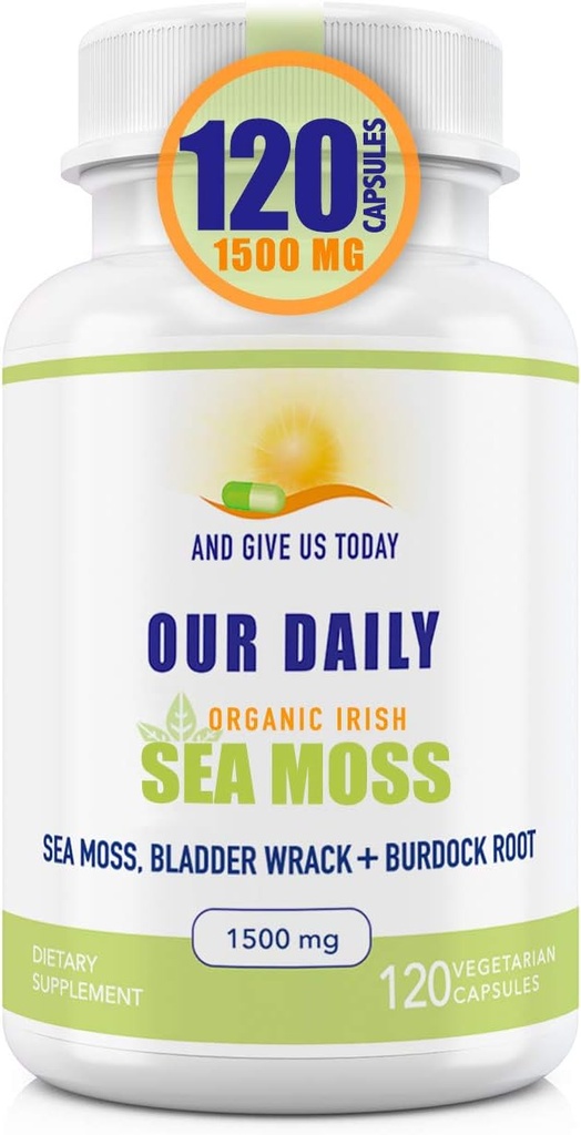 Nuestros Vites diarios de mar orgánico Moss 1500 MG 120 Ct Wildcrafted Irish Sea Moss Bladderwrack y Burdock Root Capsules Wildcrafted Vegan y Seamoss Superfood Suplemento