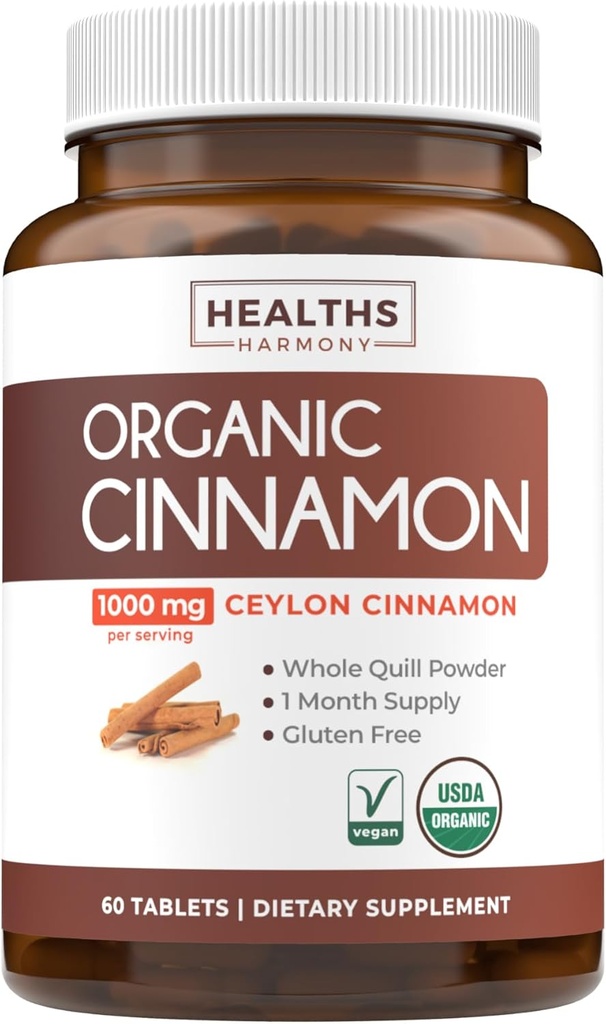 USDA Píldoras de canela de Ceilán Orgánica - Suplemento de canela de Ceilán de alta potencia con 1000 mg por servicio para el soporte completo del cuerpo antioxidante - Vegan no GMO cGMP Verificado (1 mes de suministro)