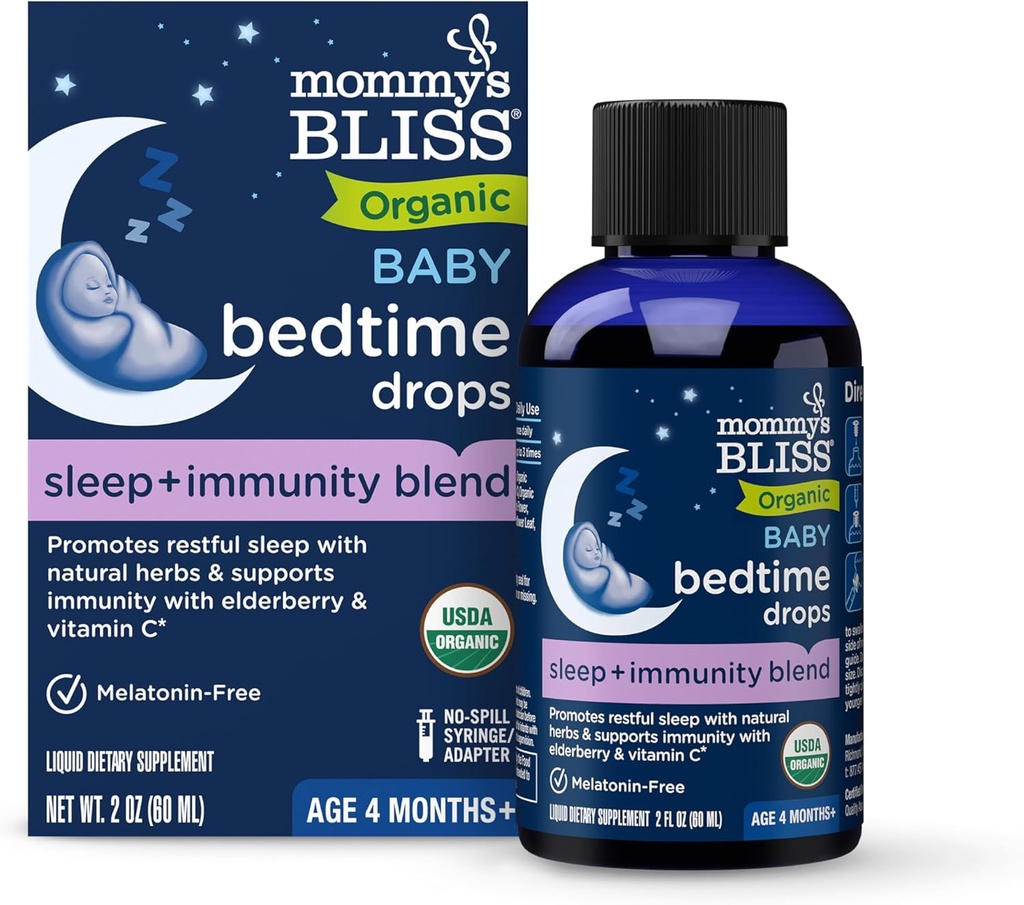 La felicidad de mamá Orgánica Baby Bedtime Drops + Overnight Immunity Support*, Promotes Restful Night, Melatonin Free, Age 4 Month+, 2 Fl Oz