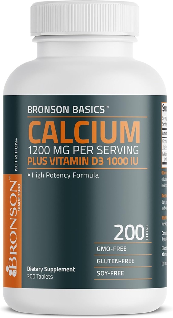 Bronson Calcium 1200mg Por Serving Plus Vitamina D3 1000 UI High Potency Formula, No GMO, 200 Tablets