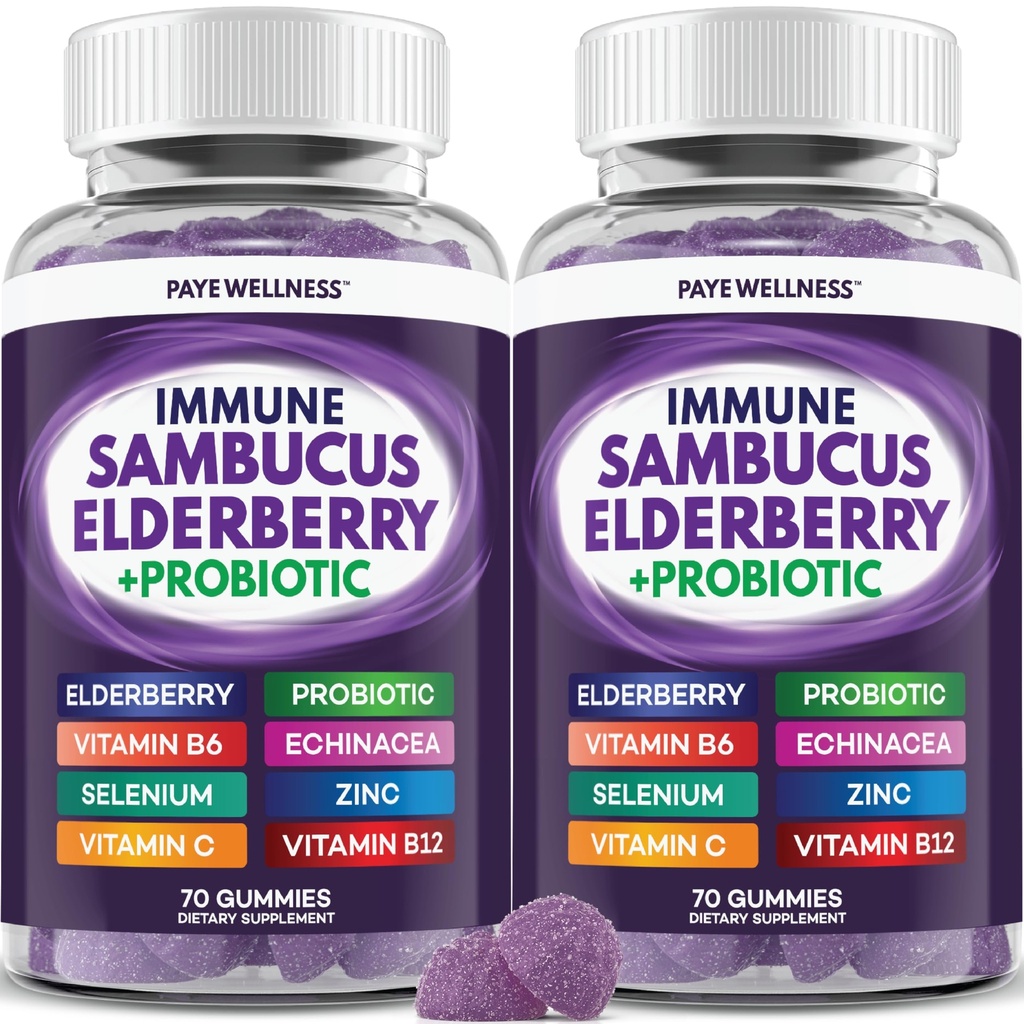 Apoyo diario para niños y adultos* con Sambucus Elderberry, Zinc, Vitamina C, D3, B6, B12, Plus - Suplemento dietético - 140 Condes