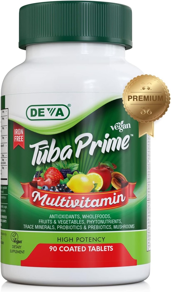 DEVA Tuba Prime Vegan Multivitamin Iron-Free - Suplemento dietético de alta potencia Vitamina & Mineral - Antioxidantes, Frutas & Hortalizas, Super hongos, Probióticos, Prebióticos, Semillas, Herbs 90 Tabs