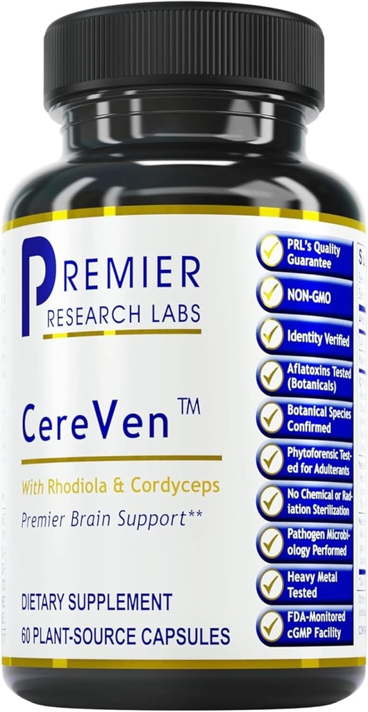 Premier Research Labs Cere Ven - Herbal Brain Supplement for Memory & Focus Destacando Rhodiola Rosea, Rhodiola Rosea Suplemento de Apoyo a la Salud Cerebral - 60 cápsulas vegetarianas