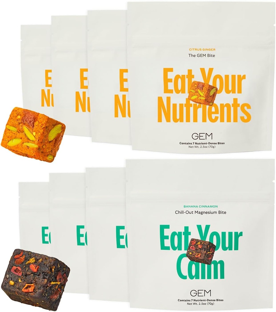 GEM Bite Daily Multivitamin " Chill-Out Magnesium Bite ← 8 x 7-Bite Pack ← 20+ Whole-Food Vitaminas " Minerals