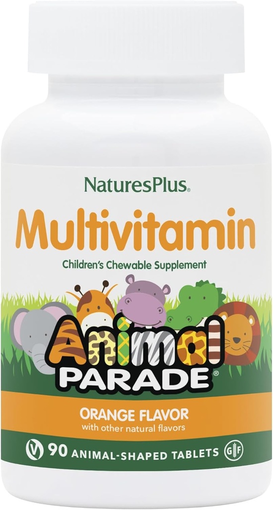 Natures Plus Animal Parade Multivitaminas Chewable para niños - Orange Flavor - 90 Tablas con Forma de Animales - Promueve Salud & Bienestar - Vegetariano, Gluten Gratis - 45 Servimientos