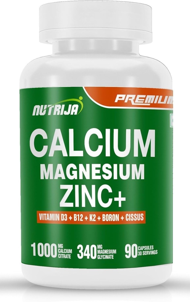 Magnesio de calcio Zinc con vitamina D3, Boron, K2 & B12 (90 cápsulas)