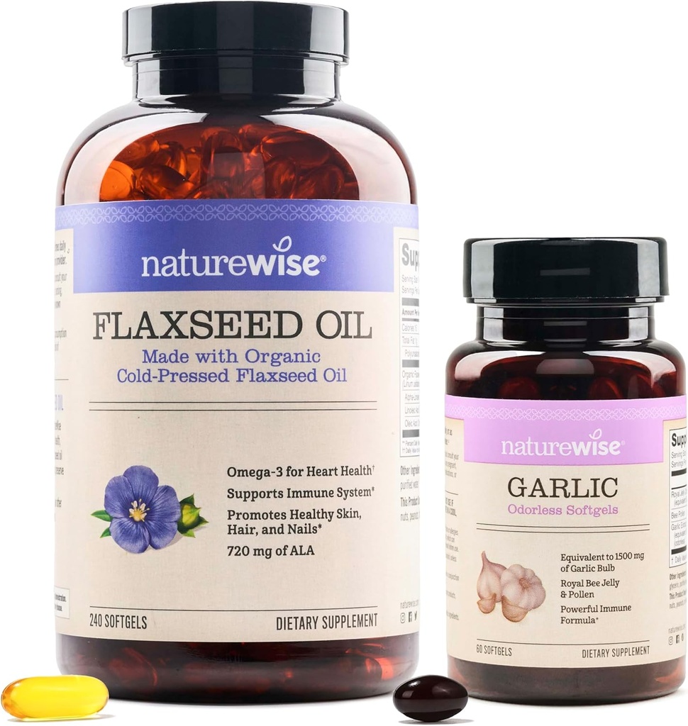NatureWise Organic Flaxseed Oil Max 720mg ALA ← Highest Potency Flax Oil Omega 3 Ajo Odorless Softgels 1500mg Apoyo dientes & Immune System Health