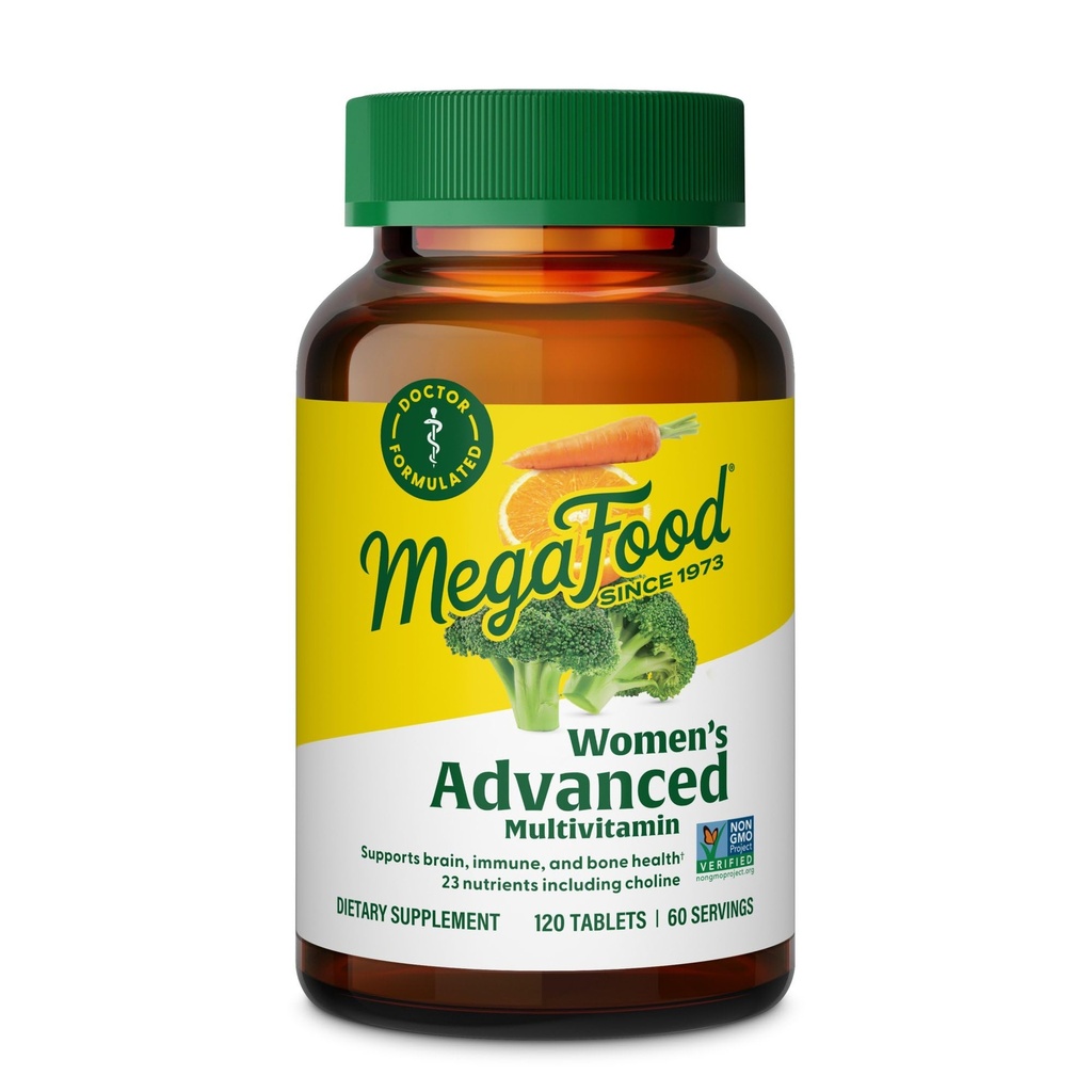 MegaFood Mujeres Multivitamínicos Avanzados para Mujeres - Doctor-Formulado con Hierro, Choline, Vitamina D, Vitamina C &amp; Zinc - Salud Cerebro - Apoyo Inmunitario - No GMO - Vegetariano - 120 Tabs (60 Servings)