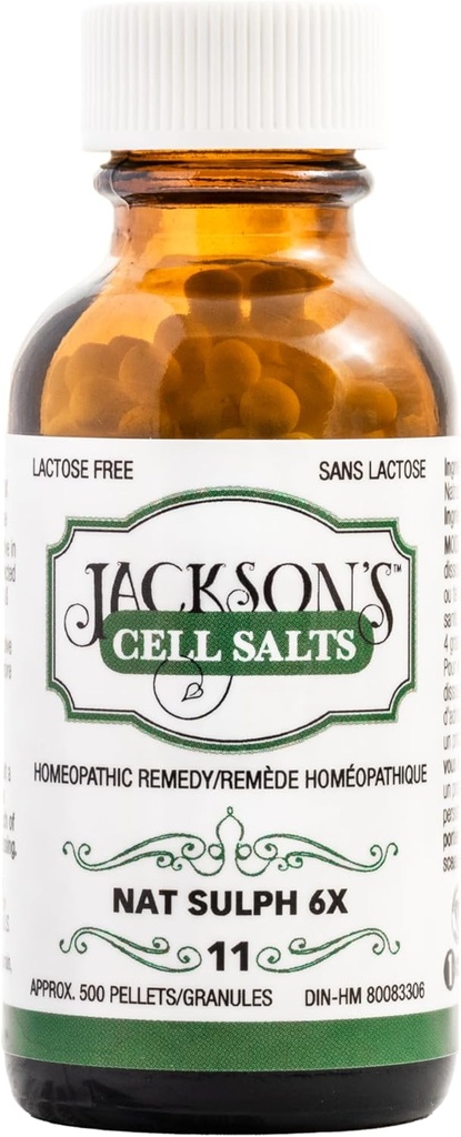 Jackson #11 Cell Salt NAT Sulph 6X (500 Pellet Bottle) – Certified Vegan, Lactose-Free Schuessler Tisue Salt Natrum Sulphuricum 6X