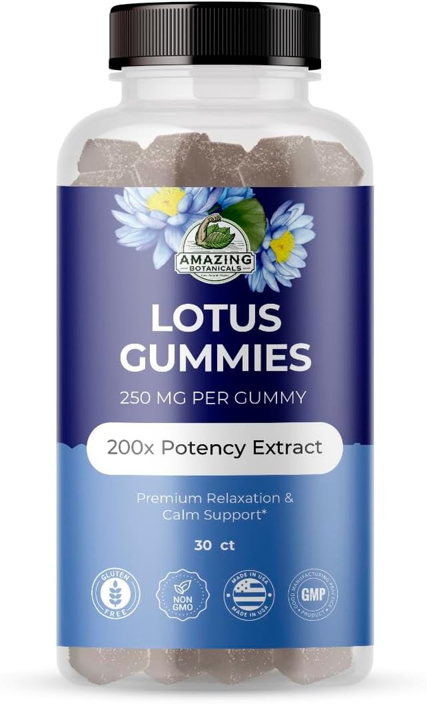 Blueberry Lotus Flower Gummies – Premium Relax & Calm Support – Vegan, Non-GMO, Suplemento Herbal sin gluten, 250MG - Berry Flavor (30 Conde)