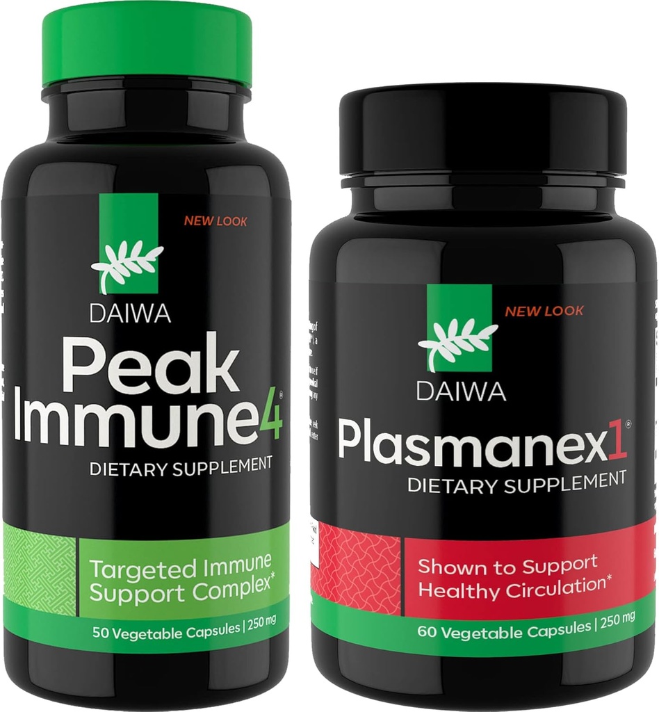 Daiwa Peak Immune 4 - Booster de sistema inmunológico natural + Daiwa Plasmanex 1 – Suplemento de Circulación de Sangre