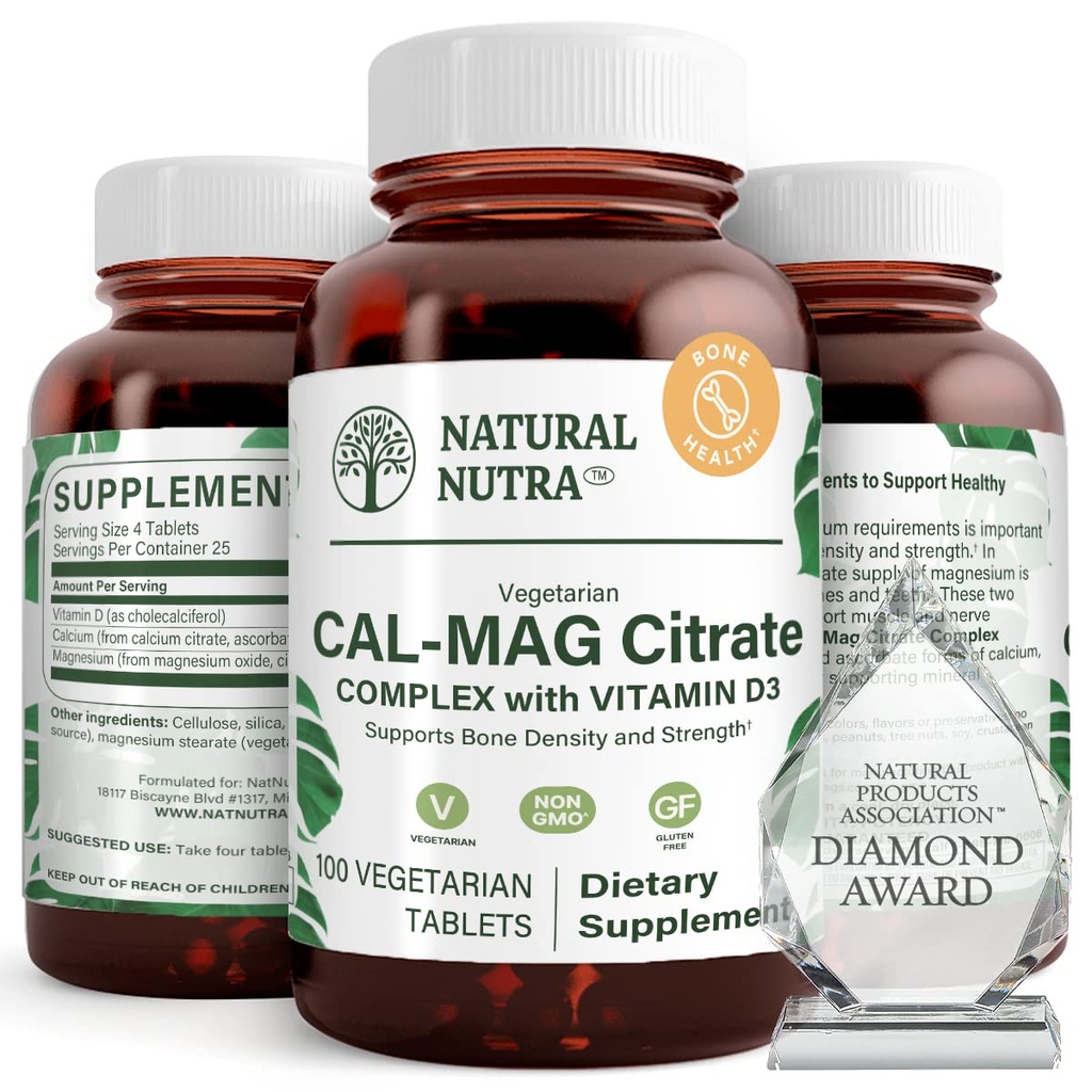 Natural Nutra Cal-Mag Citrato con vitamina D3,1000/500 mg Complejo, Fortalecer la Densidad de los huesos, el músculo y la salud de los nervios, Ayuda a mantener los dientes saludables, Fuentes altamente biodisponibles, 100 tabletas Veganas