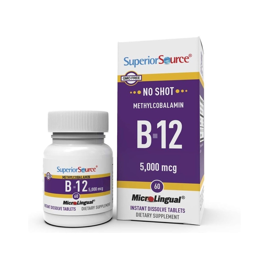Fuente superior No Shot Methylcobalamin B-12 5000 mcg - Vitamina B-12 para apoyar la producción de energía, la salud cerebral " Wellness general - Tablas sublinguales para la absorción rápida - 60 Tablas de disolución