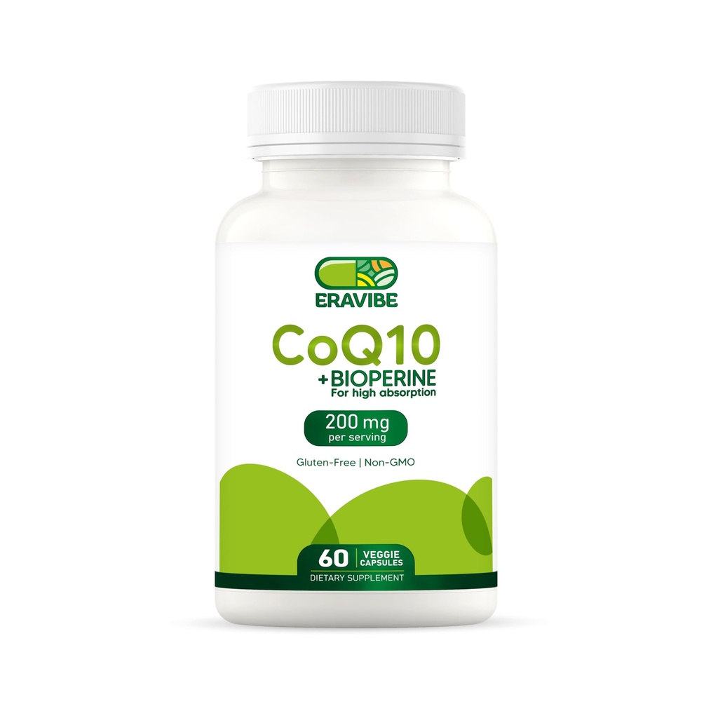 Pure CoQ10 Energy Support High Absorption with Bioperine, 200 mg por Serving, 60 Veggie Capsules, Gluten-Free, Non-GMO
