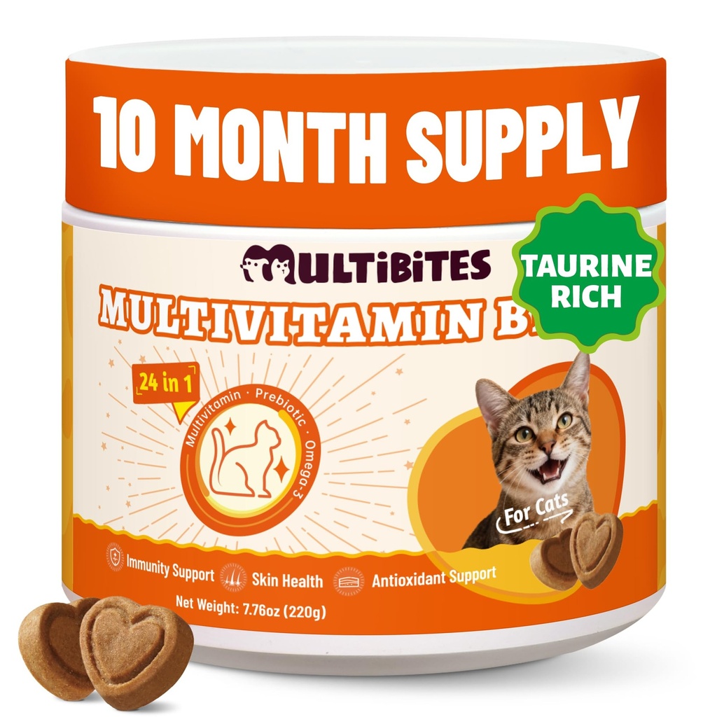 330 Bites 24-in-1 Cat Vitamins with Taurine for Indoor Cats | Cat Multivitamins for Indoor Cats with Coq10, Lysine, and Omega-3. Supports Heart Health, Immunity, and Shiny Skin & Coat