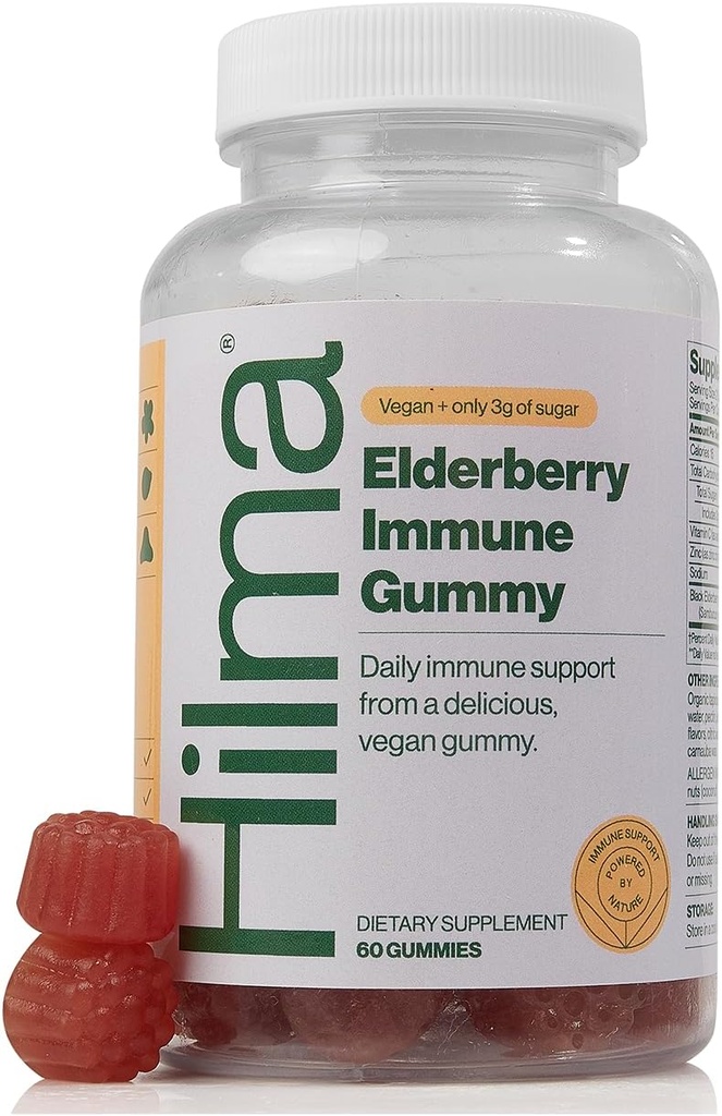 Hilma Elderberry Gummies Formulado con Vitamina C & Zinc, Natural, Vegan, Ingredientes clínicos, Suplemento de Apoyo Inmunitario Plus Antioxidantes,Natural Berry Flavor (60 Gummies)